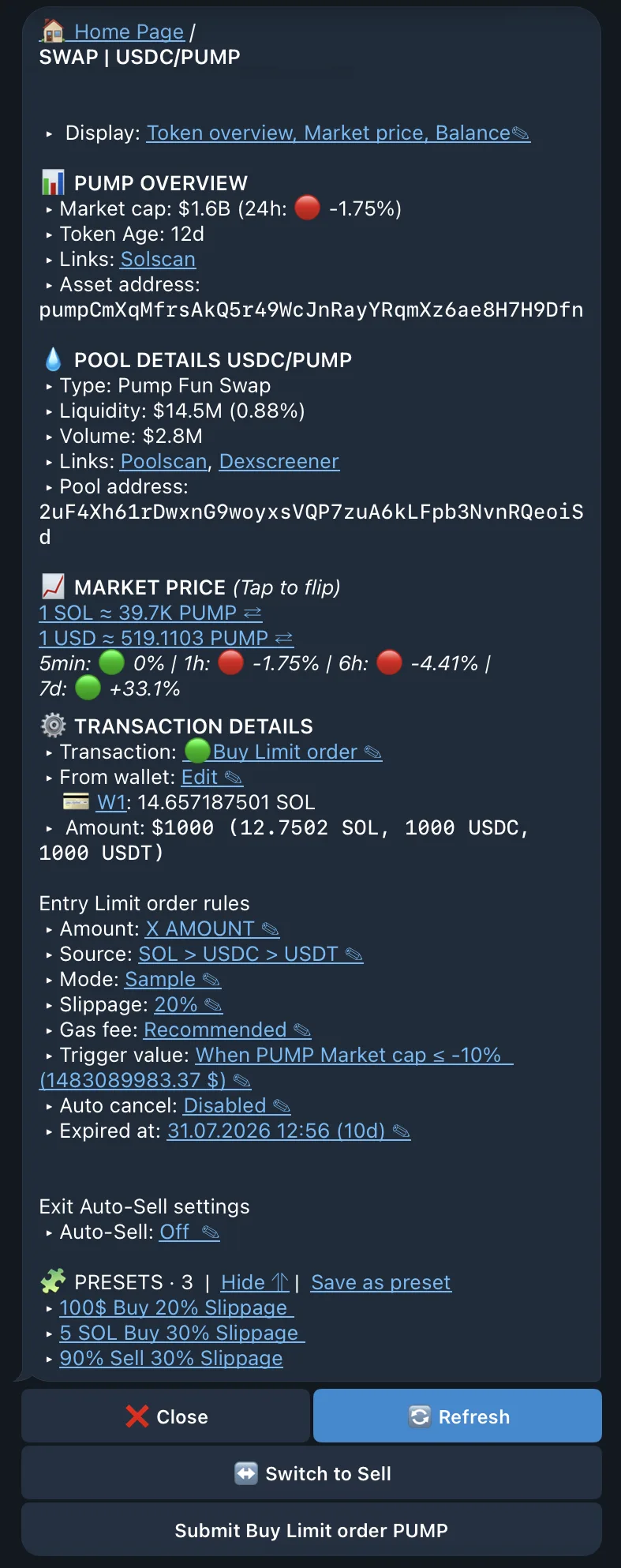 A QZAR buy limit order summary lists selected wallets, amount, trigger type, target value, expiry, and auto-sell settings