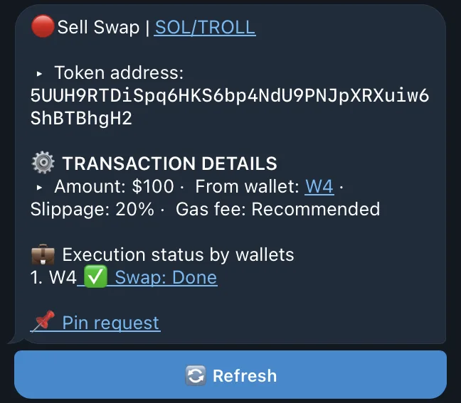 QZAR 完成按持仓比例卖出后的界面，显示用于核对的接收代币和交易签名
