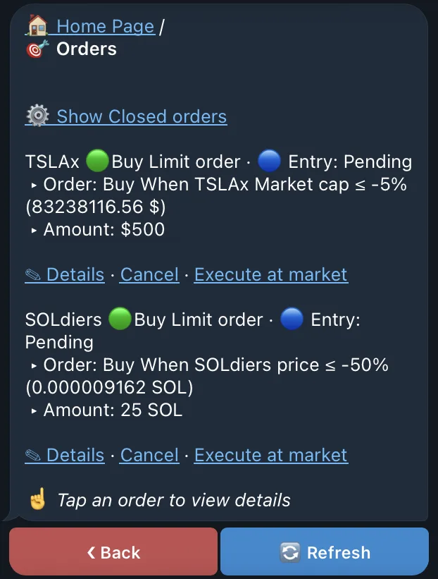 The QZAR Orders list shows each order's direction, token, trigger, and current entry or exit state
